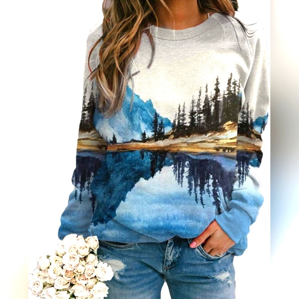 New Vintage style mountainscape Art crew Neck Unisex Sweatshirt L